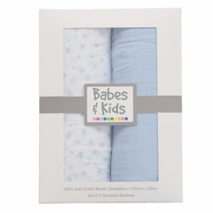 100% Cotton Muslin Cloth/Swaddle Blanket Gift Set (blue) - Babes & Kids Cot Baby Bedding