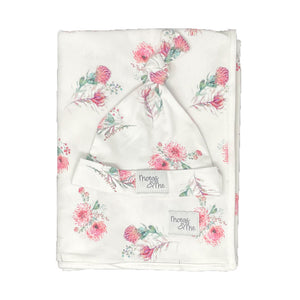 Baby Swaddle Blanket and Beanie Set - Pincushion Protea