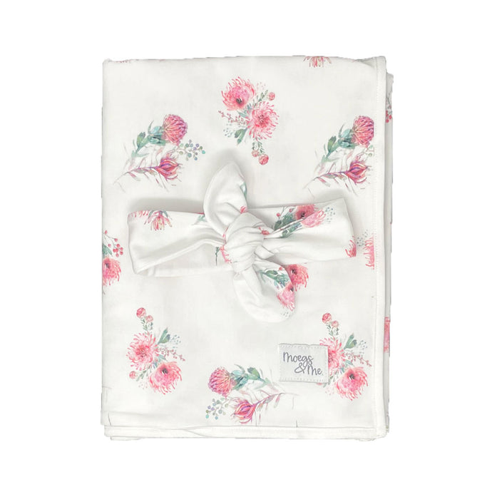 Baby Swaddle Blanket and Headband Set - Pincushion Protea