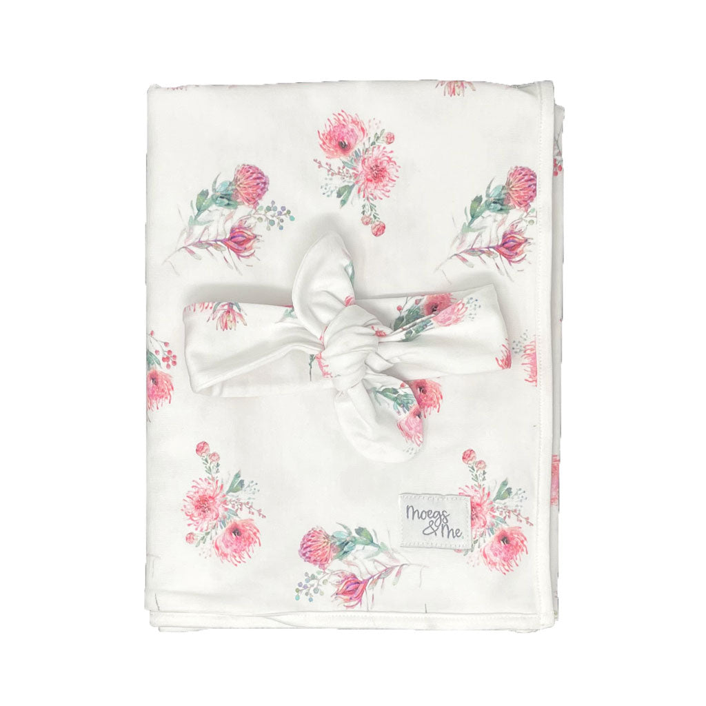 Baby Swaddle Blanket and Headband Set - Pincushion Protea